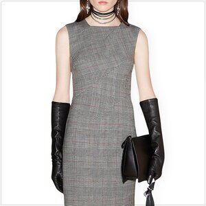 Paule Ka Paris Wool Checked Plaid Sheath Stretch Fitted Sleeveless Dress New 38
